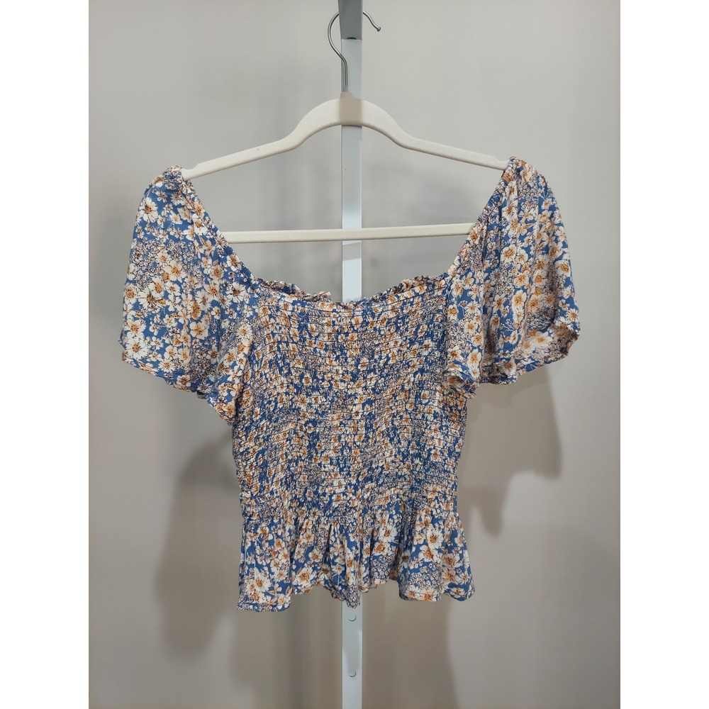 Patrons of Peace Floral Smocked Peplum Top S Flutter Sleeve Boho Cottagecore